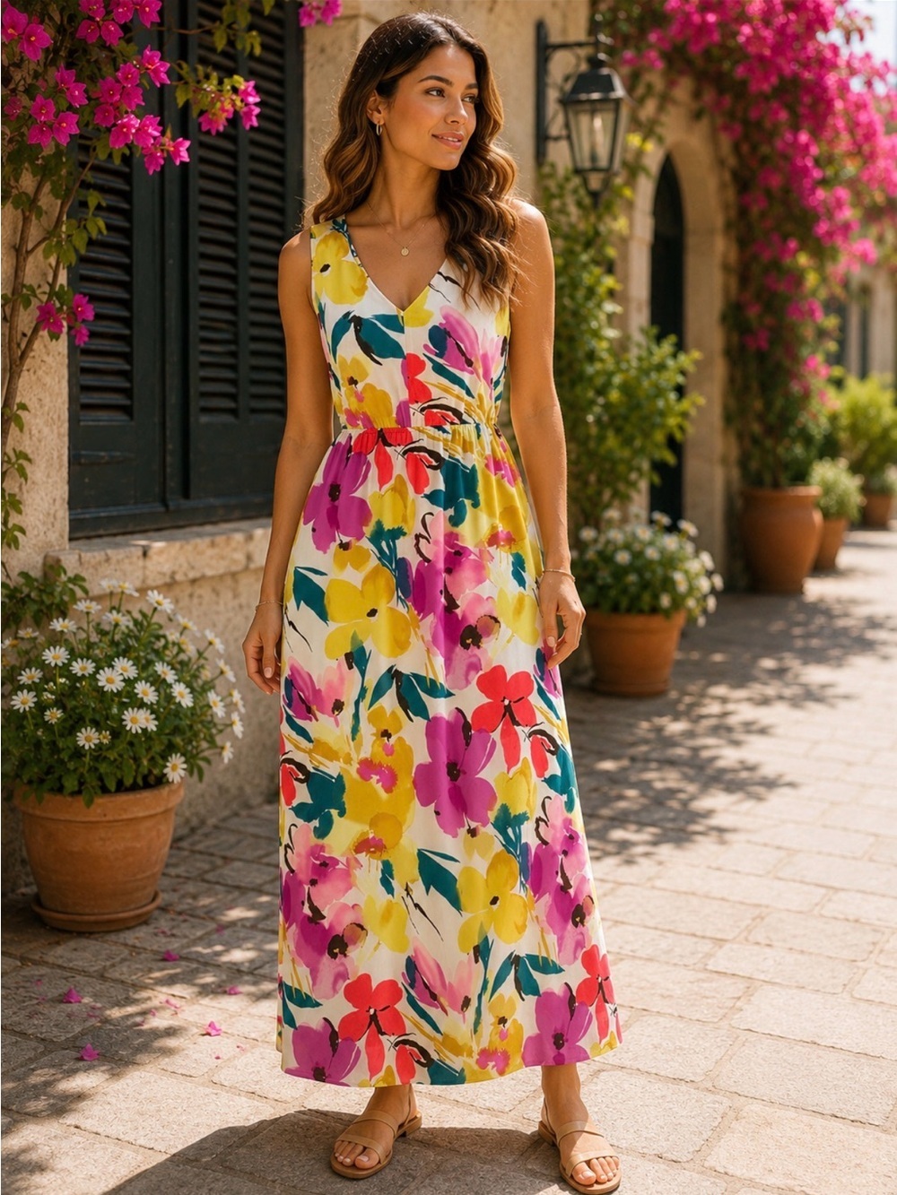 The Limited Floral Maxi Dress Sleeveless  Tropical Watercolor Print Petite Small